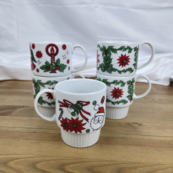 Vintage 1970s Trimont Ware Japan Stacking Mugs Cups Christmas Holiday Set of 5 - Picture 4 of 11